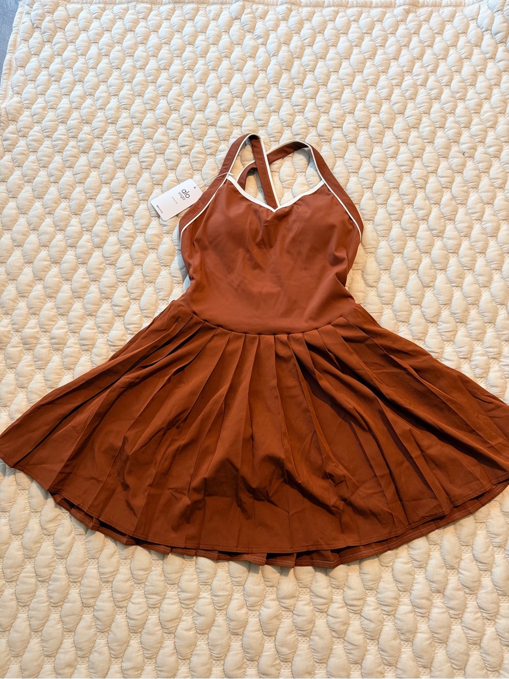 Rust Brown Pleated Skater Dress with Contrast Trim